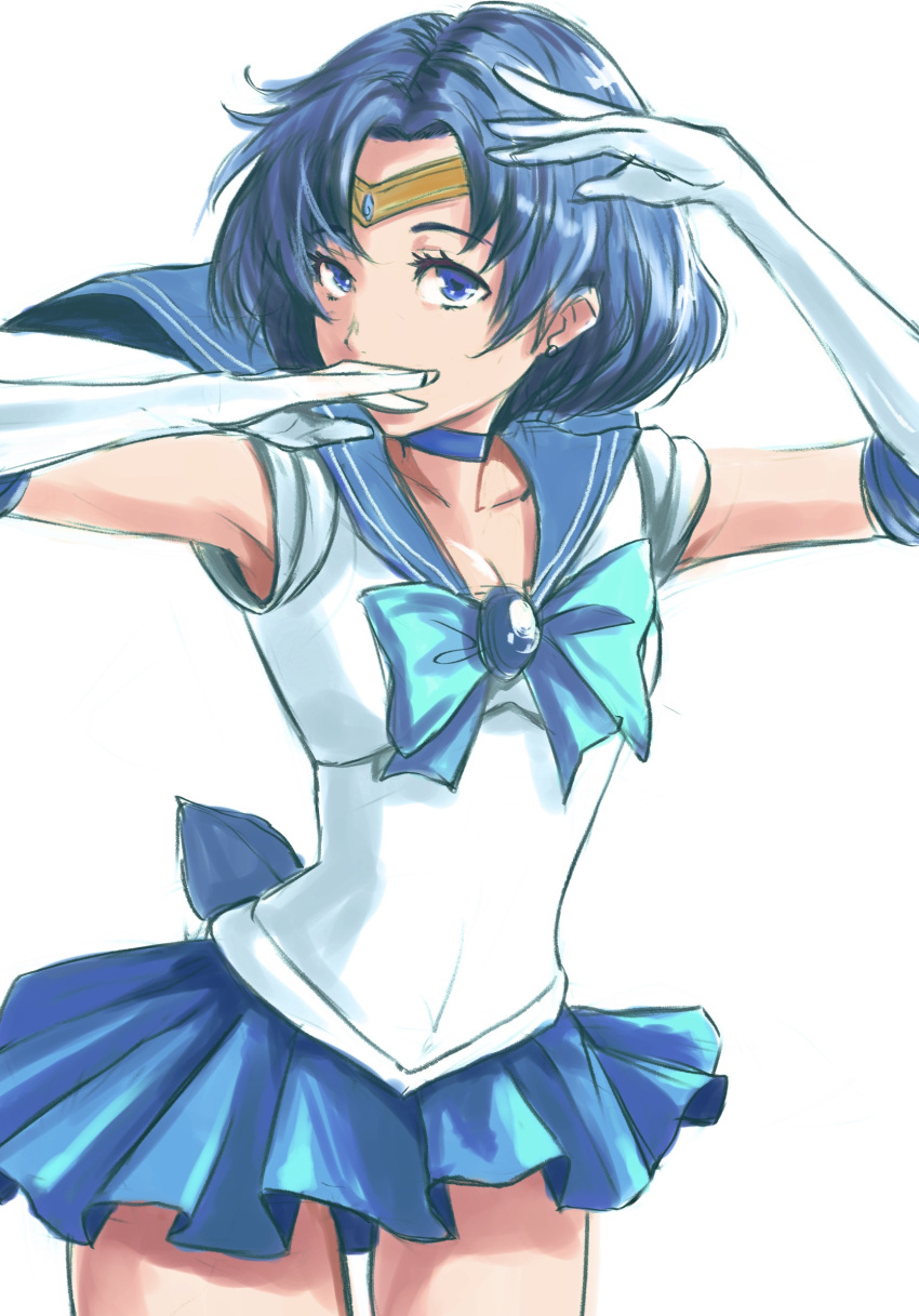1girl 6maker back_bow bishoujo_senshi_sailor_moon blue_bow blue_eyes blue_hair blue_neckwear blue_sailor_collar blue_skirt bow brooch brown_background choker circlet cowboy_shot elbow_gloves gloves jewelry legs_apart looking_at_viewer magical_girl mizuno_ami open_mouth pleated_skirt sailor_collar sailor_mercury sailor_senshi_uniform short_hair skirt smile solo standing white_gloves