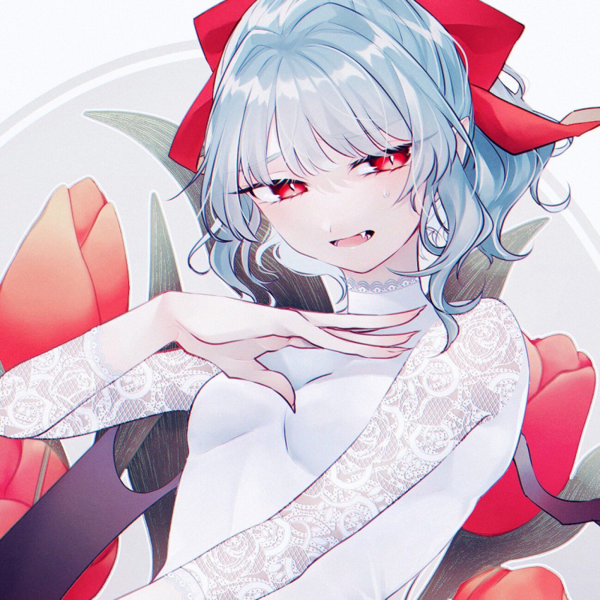 1girl alternate_hairstyle arm_up bangs bat_wings blue_hair bow breasts eyebrows_visible_through_hair eyes_visible_through_hair fang fangs fingernails flower gradient gradient_background grey_background hair_bow hand_up highres katai_(nekoneko0720) long_fingernails long_sleeves looking_to_the_side medium_breasts navel no_hat no_headwear open_mouth pointy_ears ponytail red_bow red_eyes red_flower remilia_scarlet short_hair short_ponytail smile solo standing swimsuit tongue touhou tulip upper_body white_background white_swimsuit wings