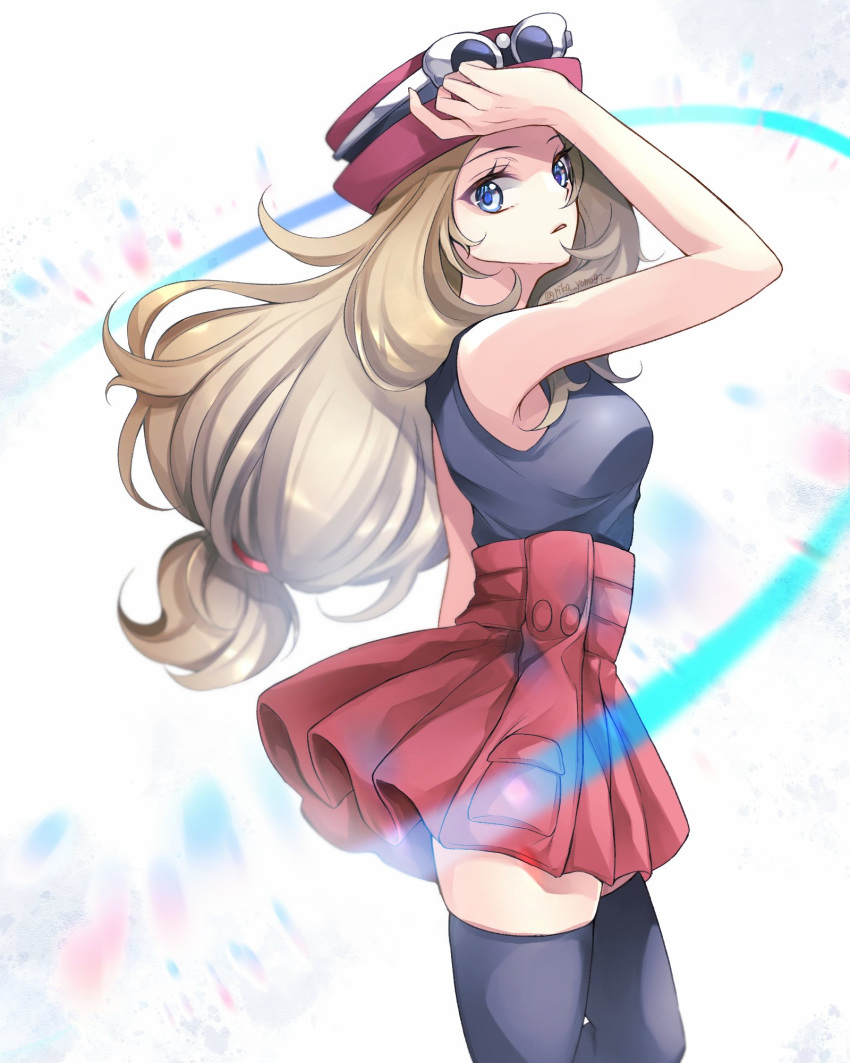 1girl arm_up bare_arms black_legwear black_shirt blonde_hair blue_eyes breasts commentary eyelashes eyewear_on_headwear from_side hair_tie hat highres long_hair pleated_skirt pokemon pokemon_(game) pokemon_xy purple_headwear red_skirt serena_(pokemon) shirt skirt sleeveless sleeveless_shirt solo sunglasses thigh-highs tied_hair white-framed_eyewear yomogi_(black-elf)