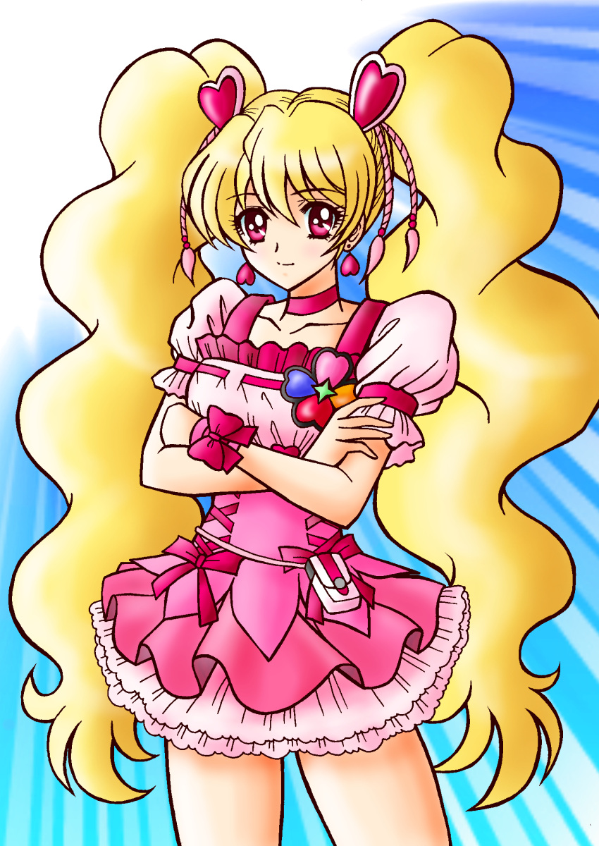 1girl :d bare_arms blonde_hair bow choker collarbone corset cowboy_shot cure_peach earrings fresh_precure! hair_ornament heart heart_earrings heart_hair_ornament highres jewelry long_hair looking_at_viewer magical_girl momozono_love nagaigoz open_mouth pink_bow pink_eyes pink_neckwear pink_skirt precure puffy_sleeves purple_background skirt smile solo sparkle standing twintails wrist_cuffs