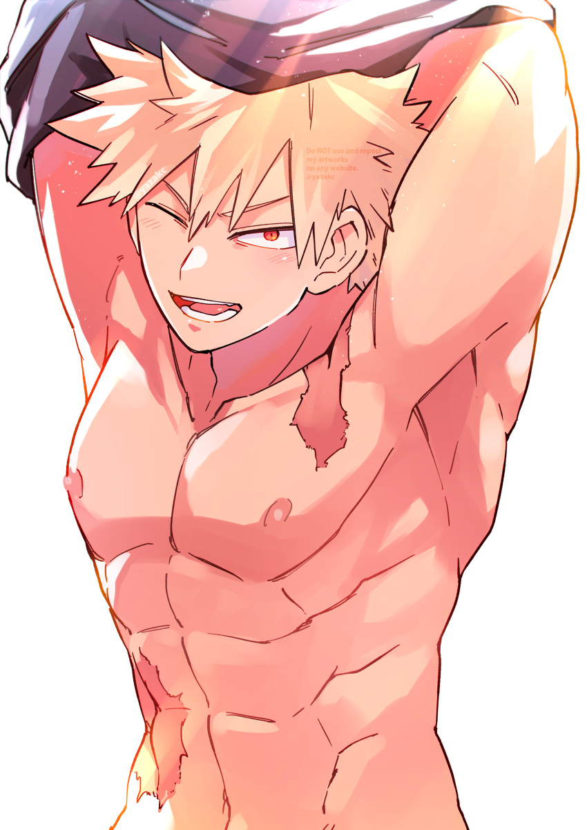 1boy abs absurdres armpits arms_behind_head arms_up bakugou_katsuki bare_pectorals blonde_hair boku_no_hero_academia highres light_rays looking_at_viewer male_focus muscular muscular_male nipples nude one_eye_closed open_mouth pectorals red_eyes scar scar_on_chest scar_on_stomach short_hair smile solo teeth tongue undressing upper_body v-shaped_eyebrows white_background yazakc