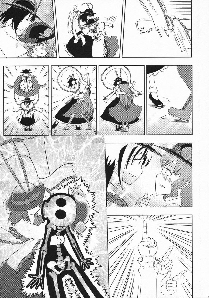 blush chin_grab comic dancing electrocution eye_contact face-to-face face_to_face food frills fruit hat highres hinanawi_tenshi long_hair long_skirt monochrome multiple_girls nagae_iku nagare_kei peach punching ribbon shawl silent_comic skeleton skirt touhou