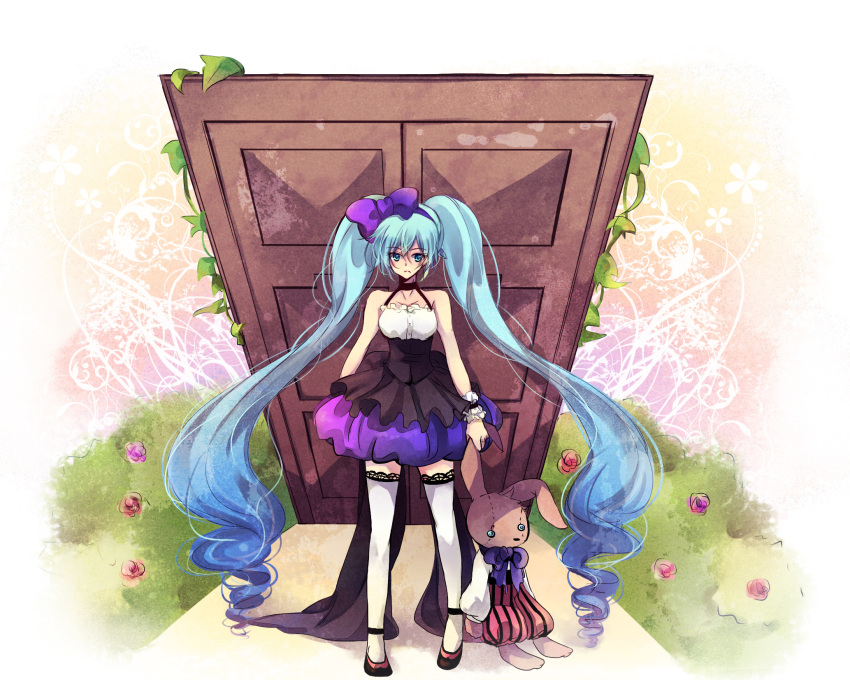 bad_id blue_eyes blue_hair bow door dress hair_bow hatsune_miku highres kokonoe_miya lace lace-trimmed_thighhighs long_hair stuffed_animal stuffed_toy thigh-highs thighhighs twintails very_long_hair vocaloid wristband