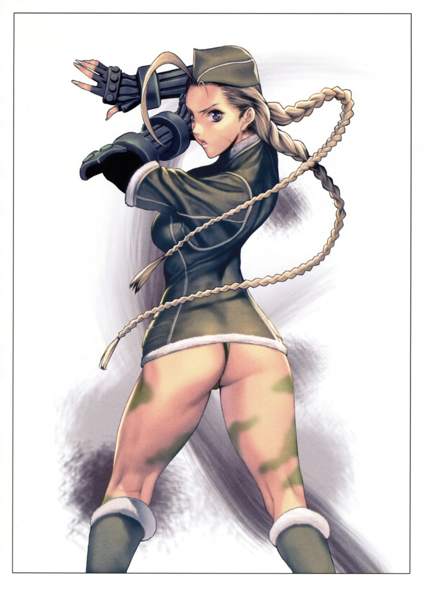 ass blonde_hair blue_eyes braid cammy_white elbow_gloves fingerless_gloves from_behind garrison_cap gloves hat highres homare_(fool's_art) legs long_hair looking_back open_mouth scar solo street_fighter twin_braids very_long_hair