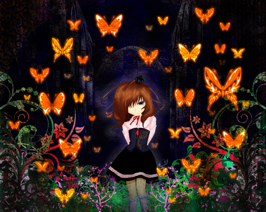 butterfly crown dress flower garden grin orange_hair plant sakigakeru smile solo umineko_no_naku_koro_ni ushiromiya_maria violet_eyes