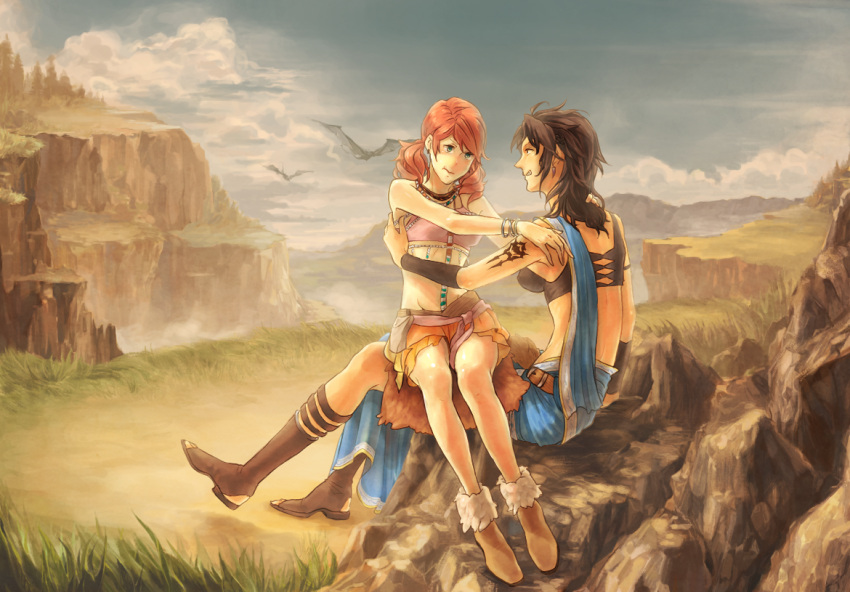 bare_shoulders beads belt black_hair boots bracelet cloud clouds curly_hair earrings final_fantasy final_fantasy_xiii fur green_eyes jewelry lap_sitting midriff multiple_girls necklace oerba_dia_vanille oerba_yun_fang r3511 red_hair redhead sari scenery short_twintails sitting sitting_on_lap sitting_on_person sky tattoo twintails yuri