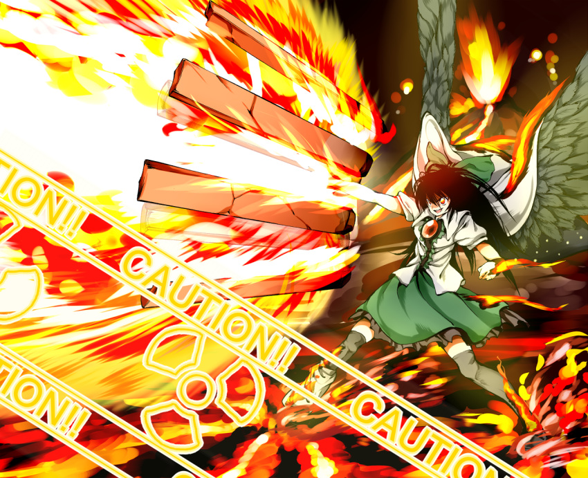 arm_cannon attack black_hair bow cape caution_tape firing hair_bow radiation_symbol rapid-fire red_eyes reiuji_utsuho shigurio solo touhou weapon wings