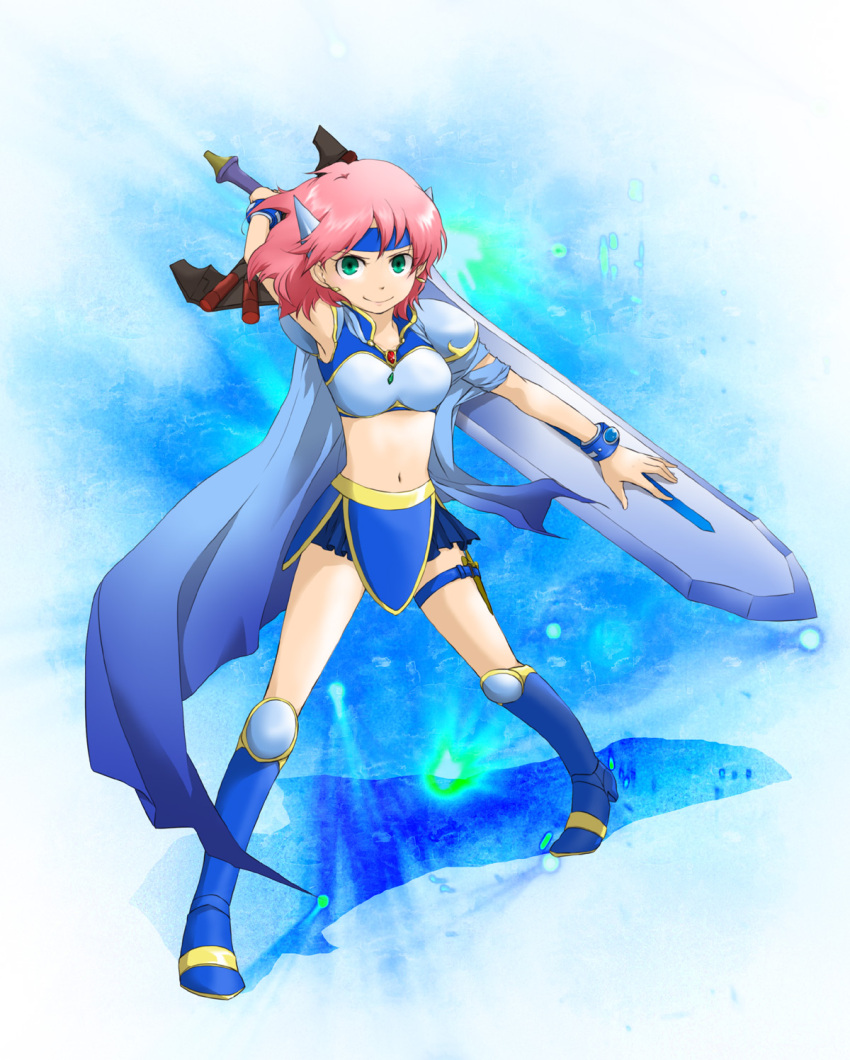 boots bracelet cape female final_fantasy final_fantasy_v green_eyes lenna_charlotte_tycoon midriff miniskirt pekamatu pink_hair short_hair skirt solo sword tiara