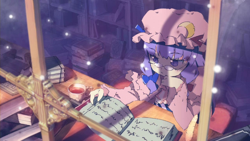 book bookshelf crescent cup glasses hair_ribbon hat kitano_yuusuke patchouli_knowledge purple_eyes purple_hair quill reading ribbon sitting solo tea teacup touhou voile