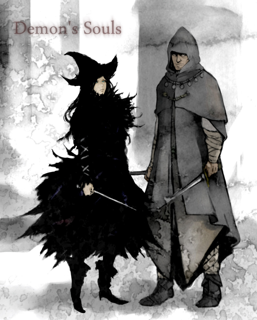beard black_hair blue_eyes coat demon's_souls demon's_souls facial_hair hat highres long_hair sage_freke_the_visionary witch witch_hat yuria_the_witch