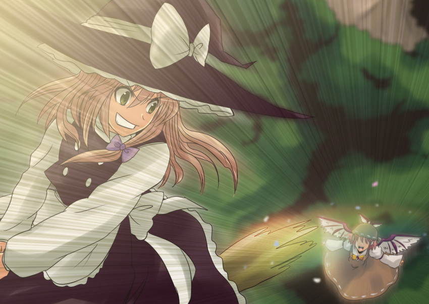 broom broom_riding flying from_above grin hat hiromasa_(pixiv265599) kirisame_marisa mystia_lorelei smile touhou witch_hat