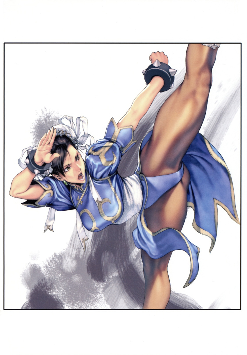 bracelet brown_eyes bun_cover china_dress chinese_clothes chun-li double_bun earrings highres homare_(fool's_art) homare_(fool's_art) jewelry kicking legs open_mouth pantyhose sash solo spiked_bracelet spikes street_fighter thighs