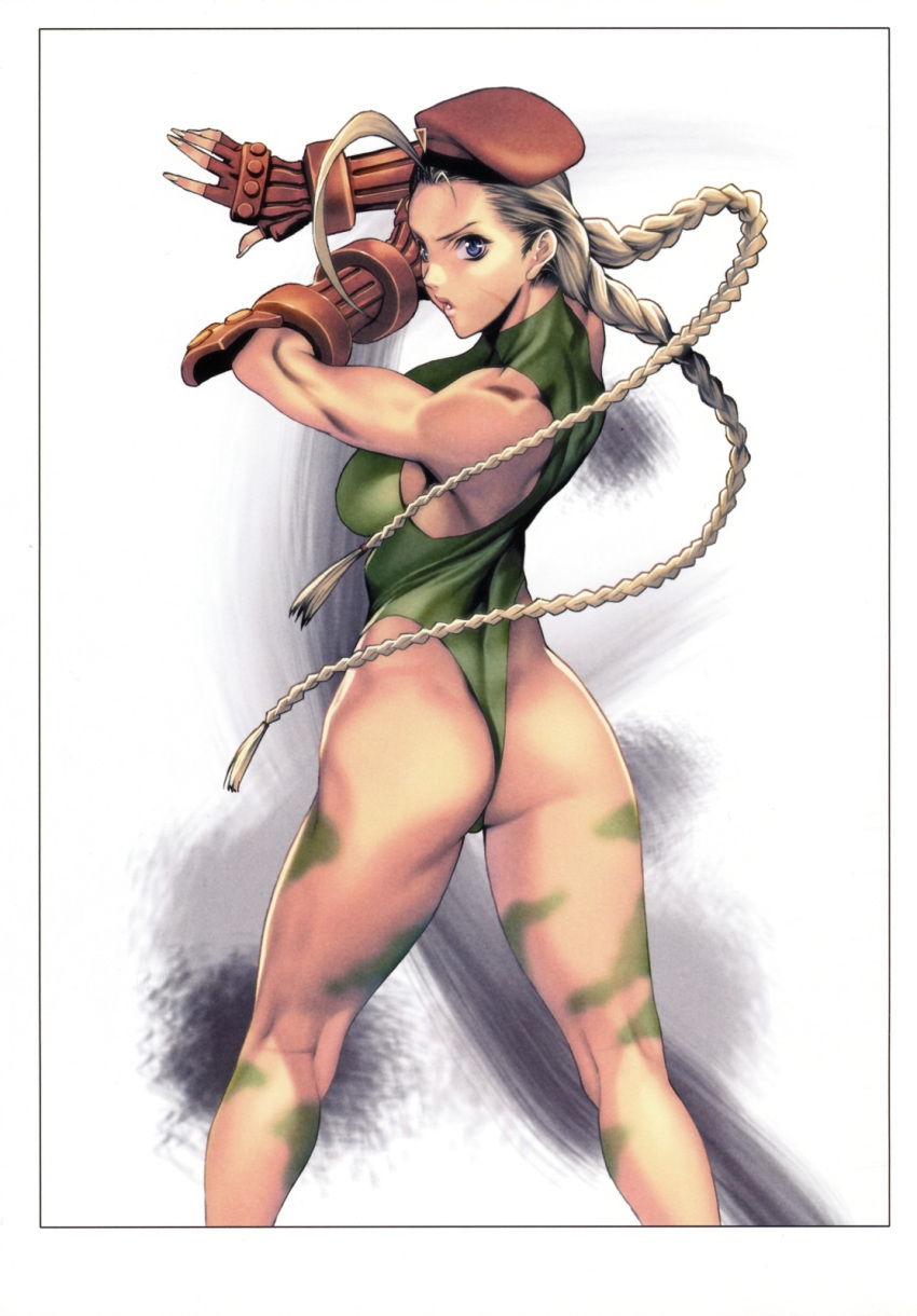 1girl ahoge ass beret blonde_hair blue_eyes braid breasts cammy_white elbow_gloves feet_out_of_frame female fingerless_gloves from_behind gloves green_leotard hat highres homare_(fool's_art) huge_ahoge legs leotard long_hair looking_back open_mouth scar sideboob sleeveless solo standing street_fighter thighs thong_leotard twin_braids very_long_hair