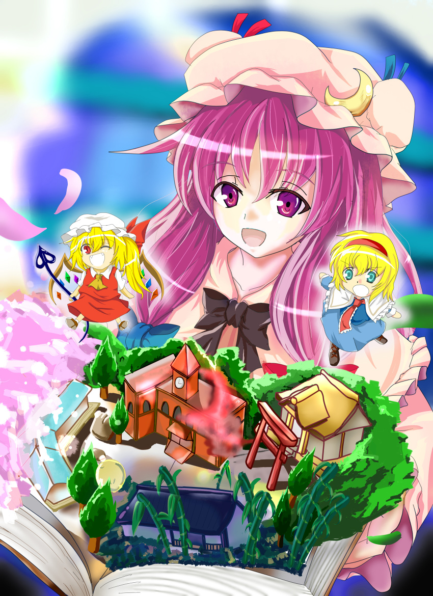 absurdres alice_margatroid bad_id blonde_hair blue_eyes book capelet clock clock_tower crescent demon_wings dress fang flandre_scarlet hairband hat highres multiple_girls open_mouth patchouli_knowledge purple_eyes purple_hair red_eyes scarlet_devil_mansion shrine smile tatsumi_(kandataiki) touhou tower tree wings wink