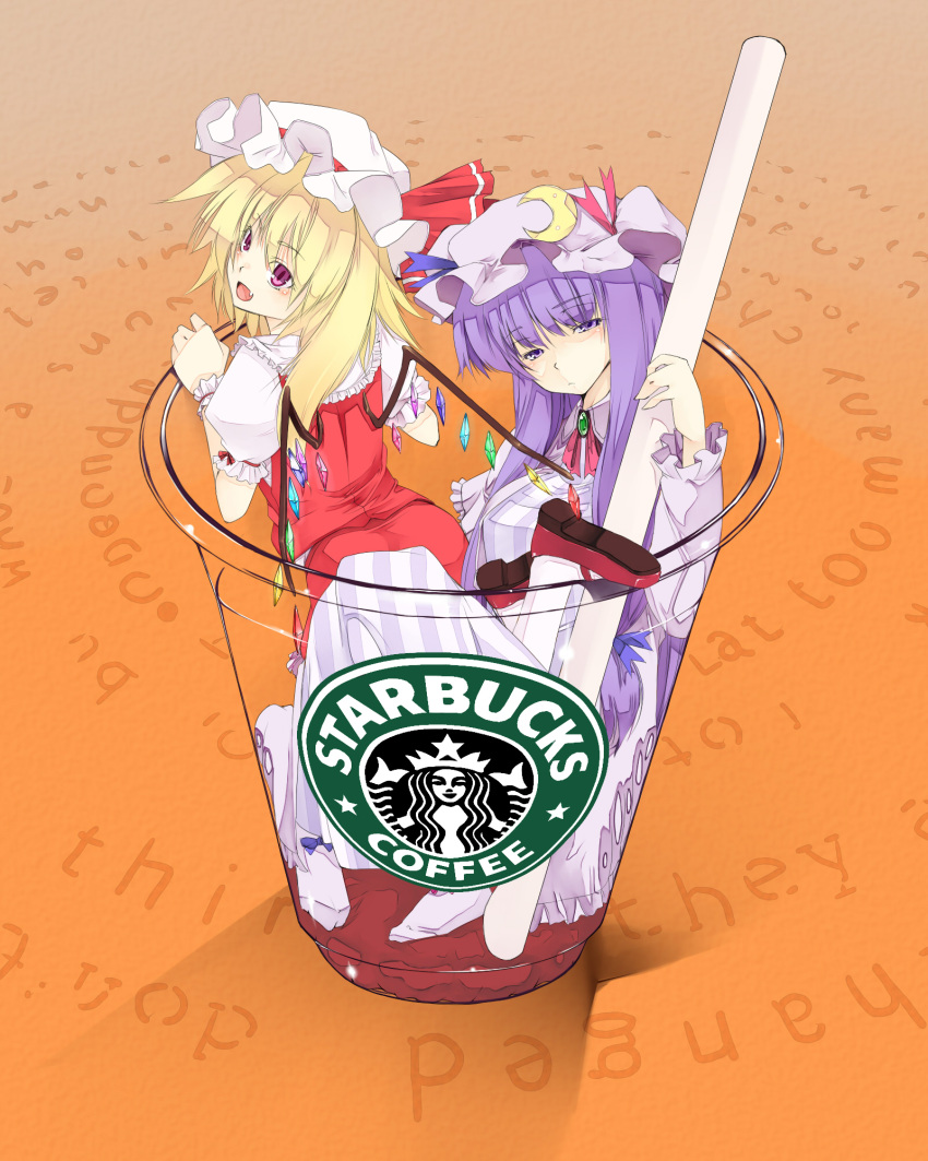 blonde_hair cup fang flandre_scarlet girl_in_a_cup hat highres in_container in_cup kurokuro long_hair minigirl multiple_girls patchouli_knowledge ponytail product_placement pun purple_eyes purple_hair red_eyes short_hair side_ponytail starbucks touhou violet_eyes wings