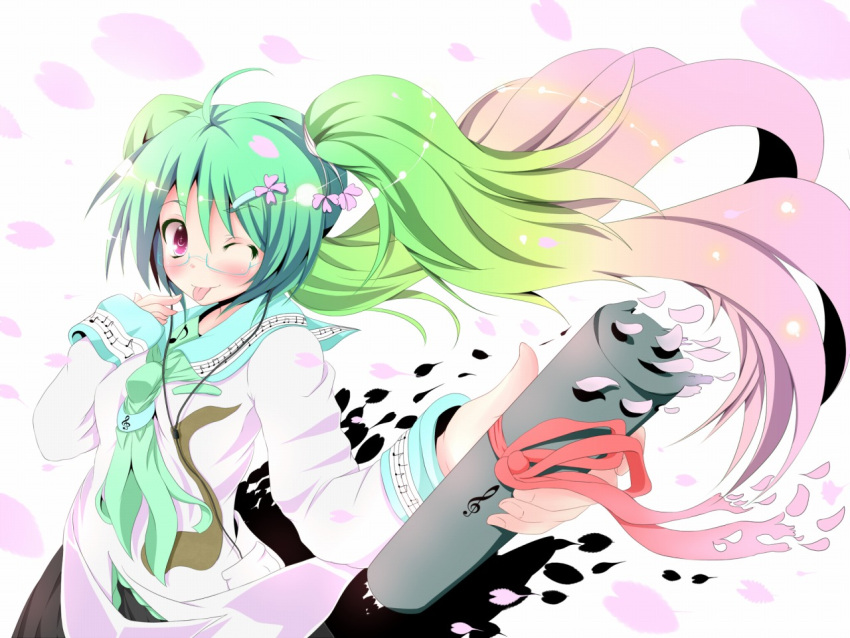 atuuy blush cherry_blossoms earbuds glasses gradient_hair graduation green_hair hair_ornament hairclip hatsune_miku long_hair multicolored_hair musical_note pink_eyes solo sukage tongue twintails very_long_hair vocaloid wink