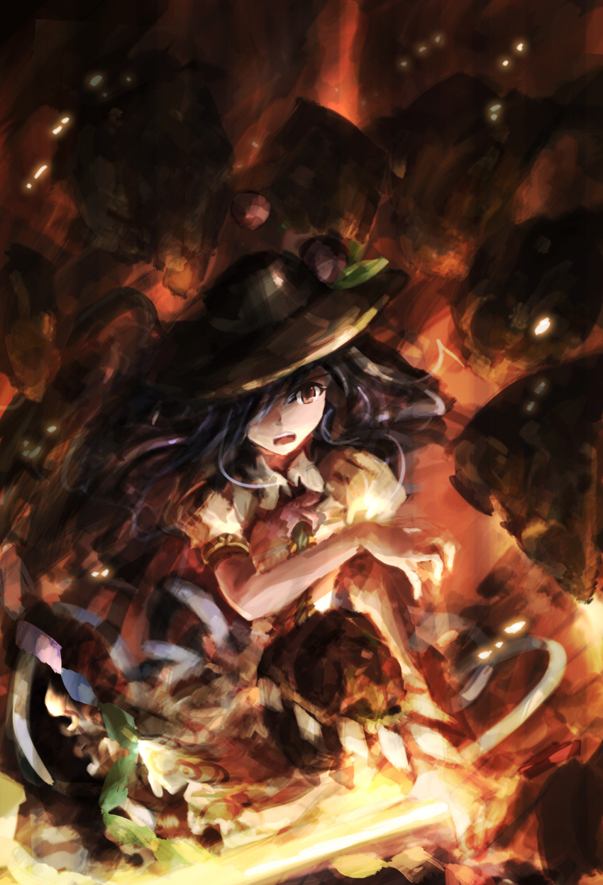 dress fire food fruit hat highres hinanawi_tenshi long_hair peach red_eyes rock solo st06 touhou