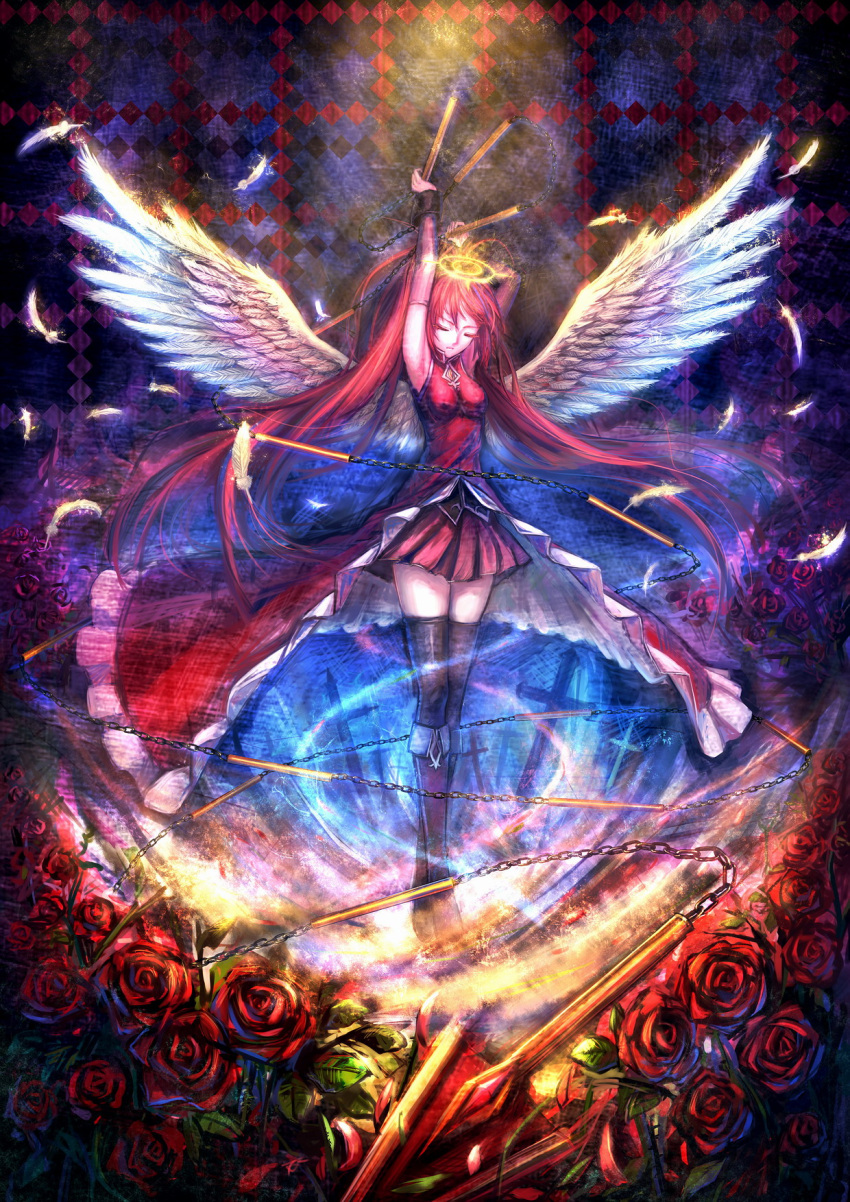 armpits arms_up black_legwear boots chain chains closed_eyes eyes_closed feathers flower halo highres long_hair magical_girl mahou_shoujo_madoka_magica pleated_skirt red_hair red_rose redhead rose ryuuzaki_itsu sakura_kyouko skirt solo standing thigh-highs thighhighs very_long_hair wings zettai_ryouiki