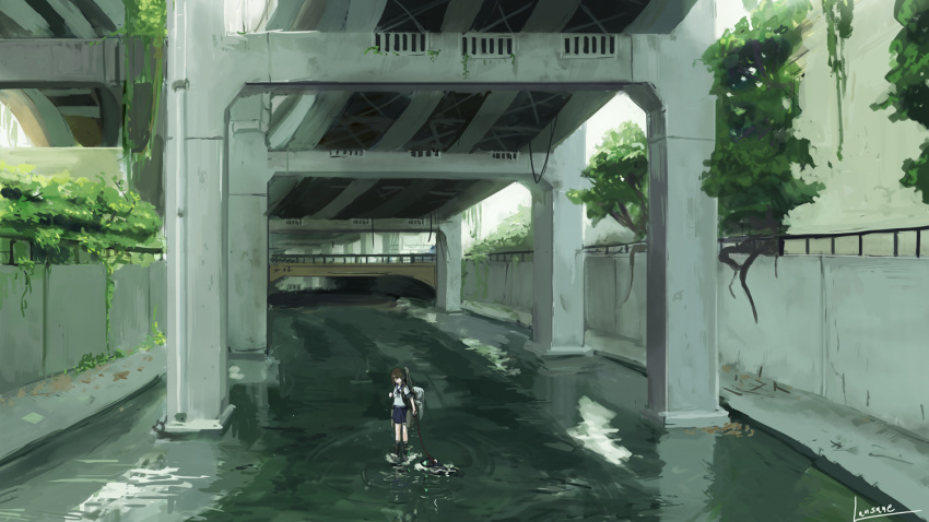 1girl bridge brown_hair cover cover_page faux_traditional_media fubuki_(kantai_collection) green_eyes i-class_destroyer kantai_collection lansane overpass pleated_skirt rigging rope ruins school_uniform serafuku shinkaisei-kan short_sleeves sidelocks skirt standing standing_on_liquid stream tree water