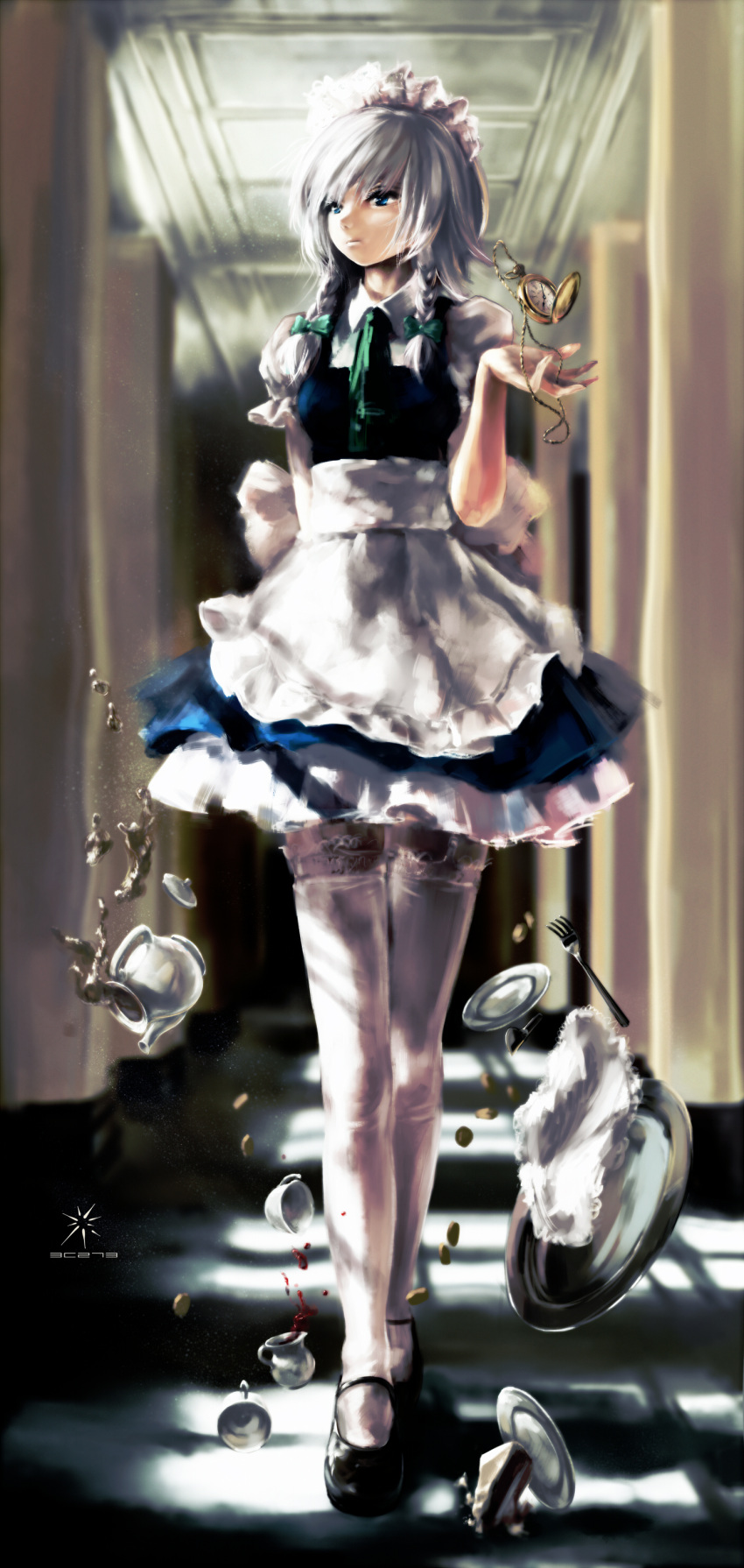 arms_behind_back blue_eyes braid cake falling faux_traditional_media food fork hallway highres izayoi_sakuya jq lace lace-trimmed_thighhighs looking_away maid pastry pocket_watch short_hair silver_hair spill sunlight tea tea_set thigh-highs thighhighs touhou tray twin_braids walking watch white_legwear white_thighhighs zettai_ryouiki