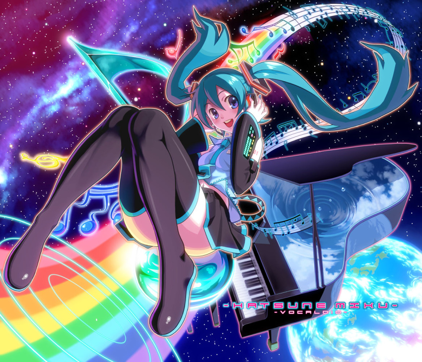 aqua_hair blue_eyes boots detached_sleeves earth face grand_piano hands_on_headphones hatsune_miku headphones headset instrument legs long_hair musical_note navel necktie pairan piano rainbow skirt smile solo space thigh-highs thigh_boots thighhighs twintails vocaloid zettai_ryouiki