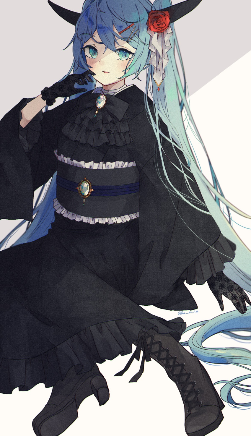 1girl black_bow black_dress black_footwear black_gloves blue_eyes blue_hair boots bow brooch commentary_request dress flower full_body gloves grey_background hair_flower hair_ornament hand_up haruta_(user_dndp3458) hatsune_miku highres horns jewelry lace lace_gloves long_hair long_sleeves looking_at_viewer parted_lips red_flower sitting solo twintails twitter_username very_long_hair vocaloid white_background