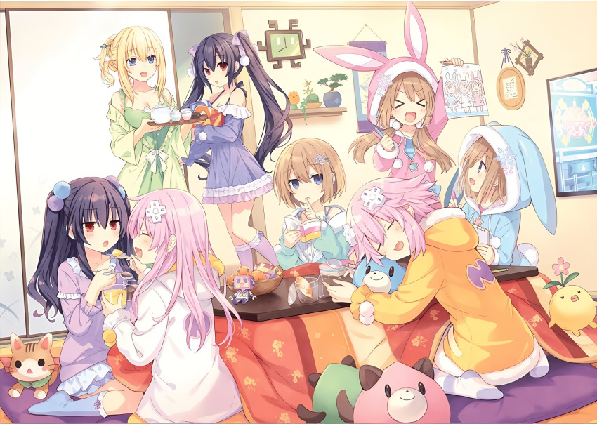 6+girls black_hair blanc_(neptune_series) blonde_hair blue_eyes book braid breasts brown_hair cup d-pad d-pad_hair_ornament french_braid garter_straps hair_ornament hair_ribbon highres long_hair medium_breasts multiple_girls nepgear neptune_(neptune_series) neptune_(series) noire_(neptune_series) official_art open_mouth purple_hair ram_(neptune_series) red_eyes ribbon rom_(neptune_series) short_hair siblings sisters smile source_request striped striped_legwear thigh-highs third-party_source tsunako twins twintails two_side_up uni_(neptune_series) vert_(neptune_series) very_long_hair violet_eyes