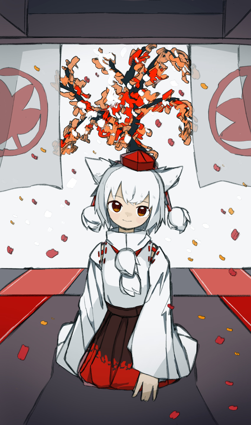 1girl \||/ absurdres animal_ears bangs banner black_skirt branch commentary commission detached_sleeves eyebrows_visible_through_hair falling_petals full_body hat head_tilt highres indoors inubashiri_momiji kneeling leaf leaf_print long_sleeves looking_at_viewer maple_leaf maple_leaf_print medium_skirt multicolored_clothes multicolored_skirt neruzou orange_eyes petals pixiv_request pom_pom_(clothes) red_headwear red_skirt ribbon-trimmed_sleeves ribbon_trim shadow shirt short_hair skirt sleeveless sleeveless_shirt smile snow solo tokin_hat touhou tree turtleneck white_hair white_shirt wide_sleeves wolf_ears