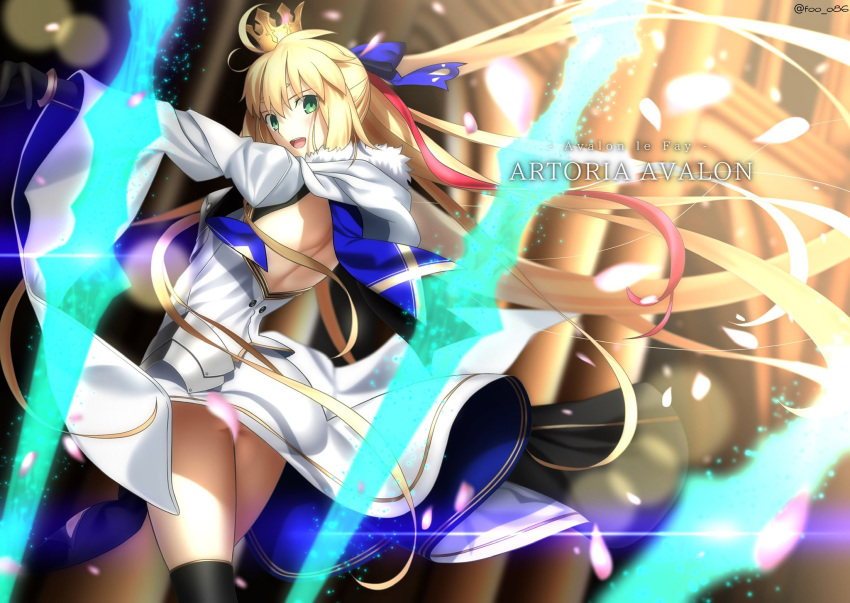 1girl artoria_pendragon_(caster)_(fate) artoria_pendragon_(fate) blonde_hair crown fate/grand_order fate_(series) foo_(pixiv54892036) green_eyes highres holding holding_staff long_hair looking_at_viewer smile staff