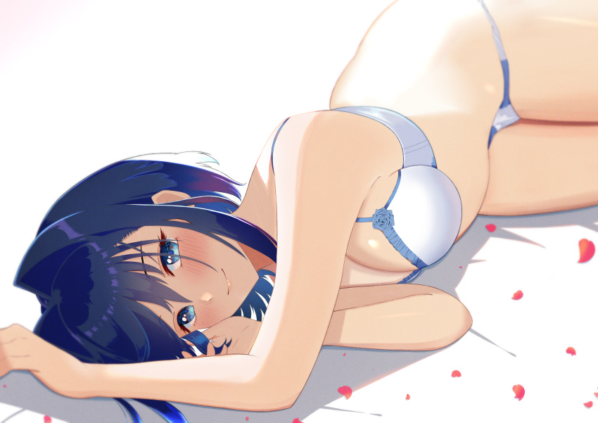 1girl absurdres bangs blue_bra blue_eyes blue_flower blue_hair blue_panties blue_rose blush bra breasts commentary flower hair_intakes highres hololive hololive_english large_breasts looking_at_viewer lying melow_menow on_side ouro_kronii panties petals rose short_hair smile solo underwear virtual_youtuber