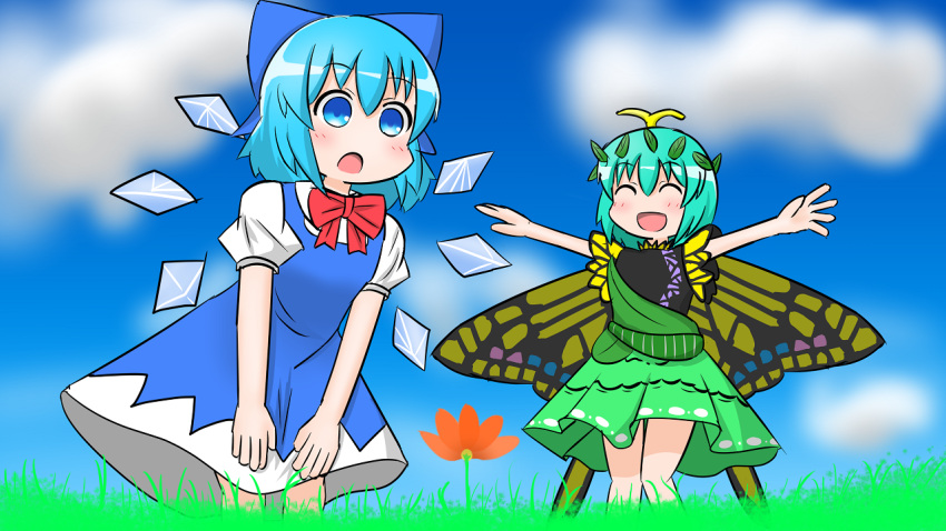 2girls antennae aqua_hair blue_bow blue_dress blue_eyes blue_hair blush bow butterfly_wings cirno closed_eyes coruthi detached_wings dress eternity_larva eyebrows_visible_through_hair fairy flower green_dress hair_between_eyes hair_bow ice ice_wings leaf leaf_on_head multicolored_clothes multicolored_dress multiple_girls open_mouth orange_flower outstretched_arms puffy_short_sleeves puffy_sleeves short_hair short_sleeves single_strap smile spread_arms touhou wings