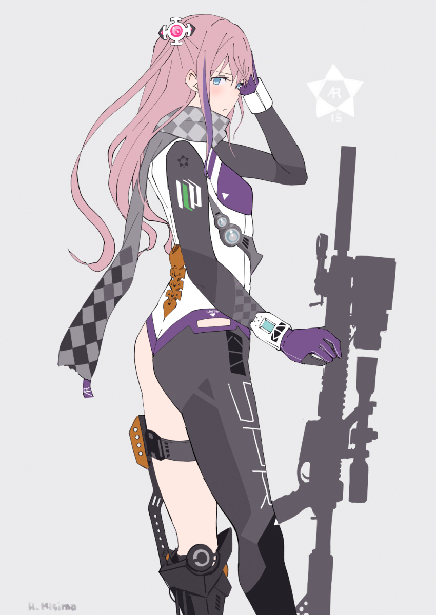 1girl absurdres bangs blue_eyes cowboy_shot dress eyebrows_visible_through_hair girls_frontline gradient gradient_background grey_background h_mishima hair_between_eyes highres long_hair one_side_up open_mouth pink_hair sidelocks sketch sleeveless sleeveless_dress solo spaghetti_strap st_ar-15_(girls_frontline) white_dress