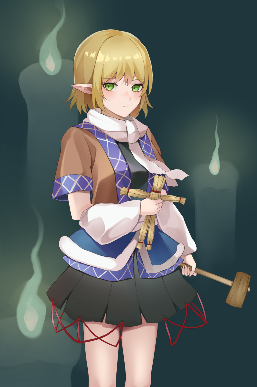 1girl absurdres black_shirt black_skirt blonde_hair blush brown_jacket closed_mouth doll eyebrows_visible_through_hair green_eyes hair_between_eyes hammer highres holding holding_hammer jacket koizumo looking_at_viewer mizuhashi_parsee multicolored_clothes multicolored_jacket pleated_skirt pointy_ears shirt short_hair short_sleeves skirt solo touhou voodoo_doll