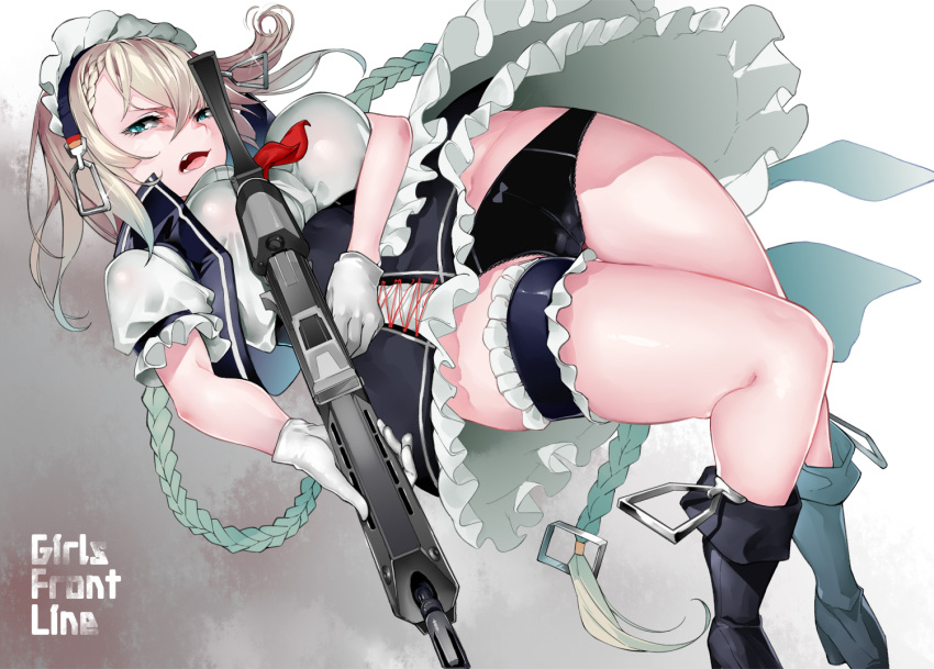 1girl assault_rifle bangs black_panties blonde_hair blue_eyes bow bow_panties braid braided_bangs commentary_request copyright_name frills g36_(girls'_frontline) girls_frontline gloves gun h&amp;k_g36 hair_between_eyes heckler_&amp;_koch holding holding_gun holding_weapon iapoc long_hair looking_at_viewer maid maid_day maid_headdress navel open_mouth panties puffy_short_sleeves puffy_sleeves rifle short_sleeves sidelocks solo underwear very_long_hair weapon white_gloves