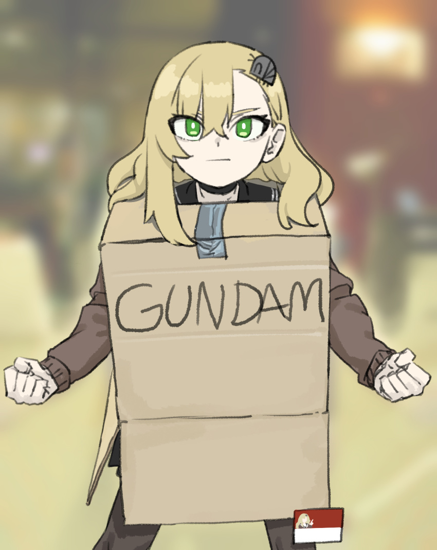 1girl bangs blonde_hair blurry blurry_background box brown_pants brown_sweater cardboard_box cardboard_box_gundam clenched_hands closed_mouth duct_tape green_eyes highres insect_hair_ornament long_hair long_sleeves looking_at_viewer matangom matangomu-chan original pants pillbug serious solo sweater underwear