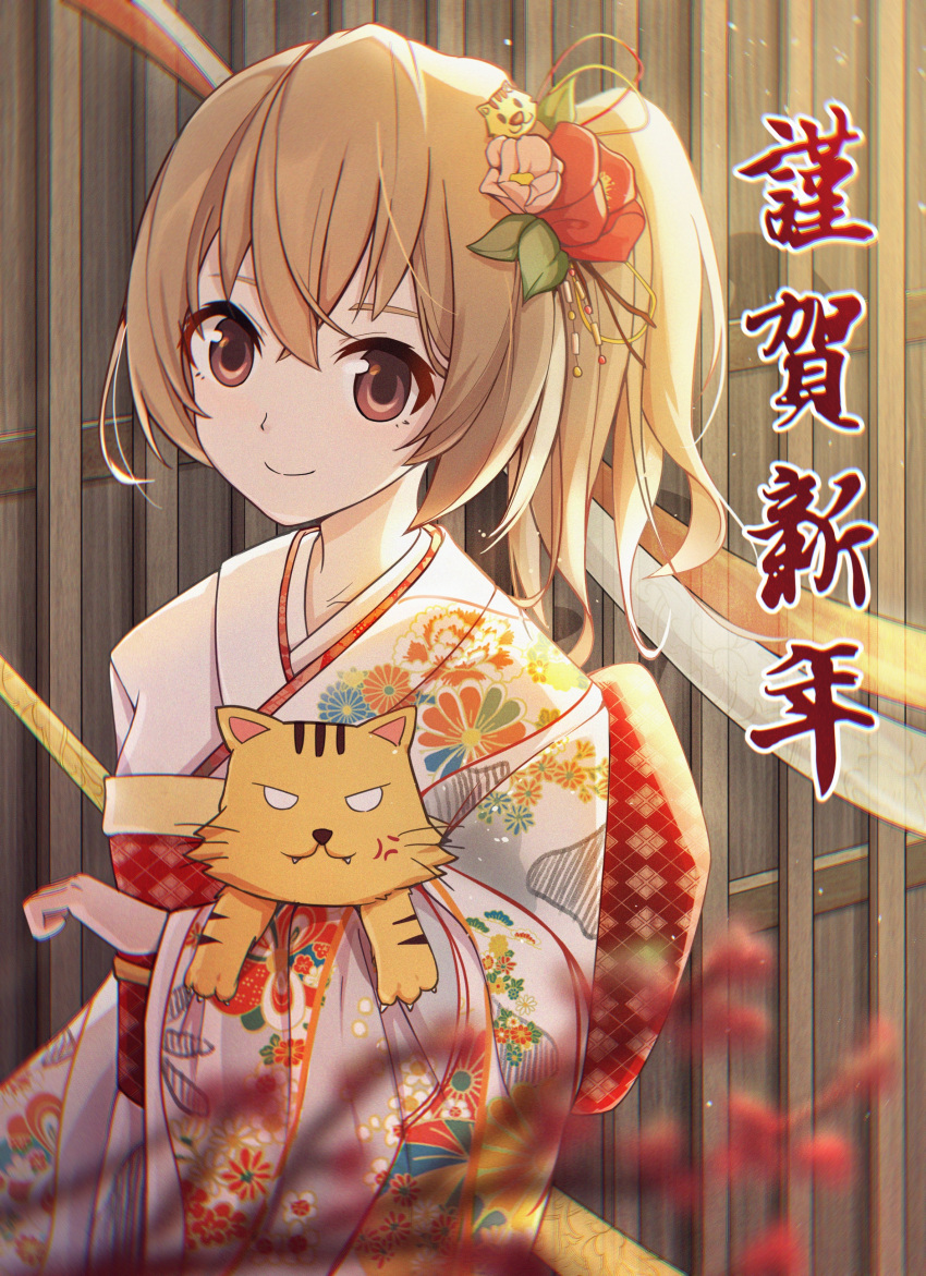 1girl absurdres aisaka_taiga anger_vein artist_request bangs blurry blurry_foreground brown_eyes brown_hair closed_mouth commentary_request crossed_bangs floral_print flower hair_flower hair_ornament highres japanese_clothes kimono long_hair looking_at_viewer palmtop_tiger ponytail smile toradora! translation_request upper_body yukata