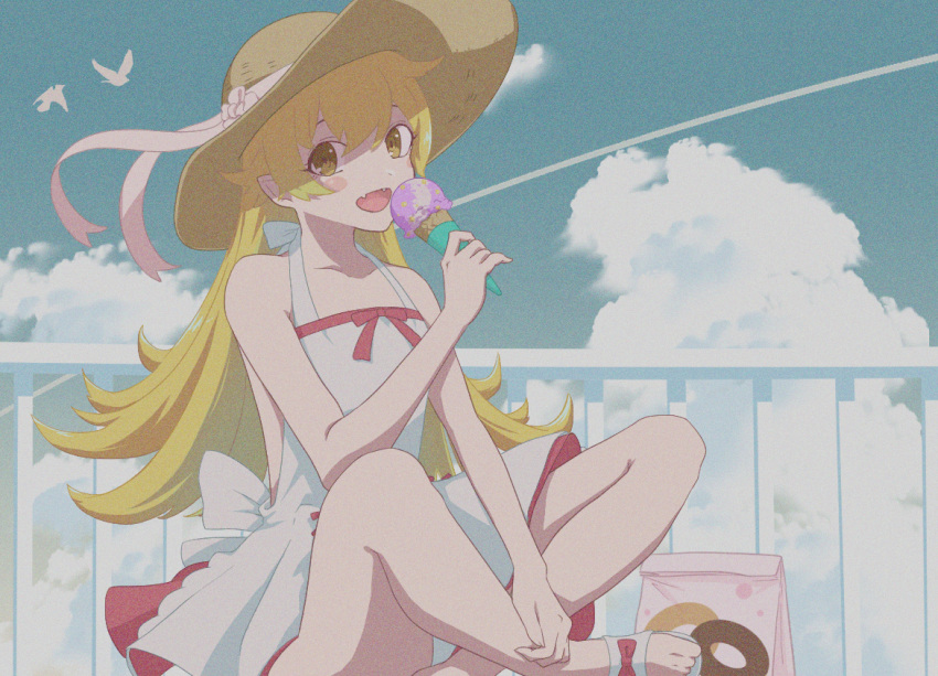 1girl backless_dress backless_outfit bag bare_arms bare_legs bird blonde_hair blue_sky clouds dress fangs food full_body hat hat_tip holding holding_food ice_cream ice_cream_cone long_hair looking_at_viewer monogatari_(series) noinoi_no1 noise open_mouth oshino_shinobu paper_bag railing ribbon sandals short_dress sitting sky smile solo straw_hat symbol-only_commentary toes white_dress white_ribbon yellow_eyes