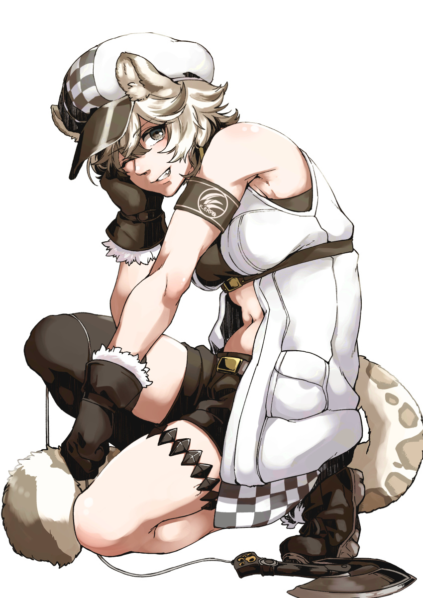 1girl absurdres animal_ear_fluff animal_ears arknights armband armpits bangs bare_shoulders black_bandeau black_footwear black_gloves black_hair black_legwear black_shorts boots breasts cabbie_hat checkered_clothes checkered_headwear cliffheart_(arknights) commentary_request eyebrows_visible_through_hair full_body gloves grappling_hook grey_eyes hair_between_eyes hand_on_own_cheek hand_on_own_face hand_up hat highres kneeling leopard_ears leopard_girl leopard_tail looking_at_viewer midriff multicolored_hair navel oga_(ogw175) one_eye_closed oripathy_lesion_(arknights) short_hair short_shorts shorts sidelocks silver_hair simple_background single_thighhigh skindentation sleeveless_duster small_breasts smile smirk solo tail teeth thigh-highs underbust white_background white_headwear