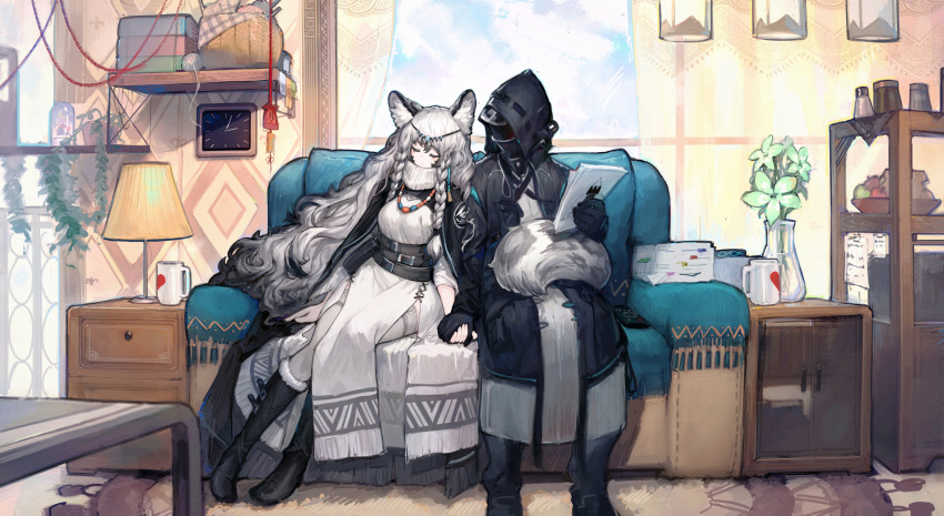 1boy 1girl absurdres animal_ear_fluff animal_ears arknights basket belt belt_pouch black_cape black_coat black_footwear black_gloves book boots breasts cape carpet circlet clock closed_eyes closed_mouth coat coffee_mug commentary_request controller couch cup curtains doctor_(arknights) dress food fruit fur-trimmed_boots fur_trim gloves highres holding holding_hands holding_paper indoors jewelry knee_boots lamp leopard_ears leopard_girl leopard_tail long_hair long_sleeves mask medium_breasts mug nai_(daiduolaoge) necklace on_couch open_clothes open_coat paper paper_stack pelvic_curtain pillow plant potted_plant pouch pramanix_(arknights) remote_control revision shelf silver_hair sitting sleeping sleeping_upright table tail thigh-highs turtleneck_dress vase very_long_hair white_dress white_legwear window yarn yarn_ball