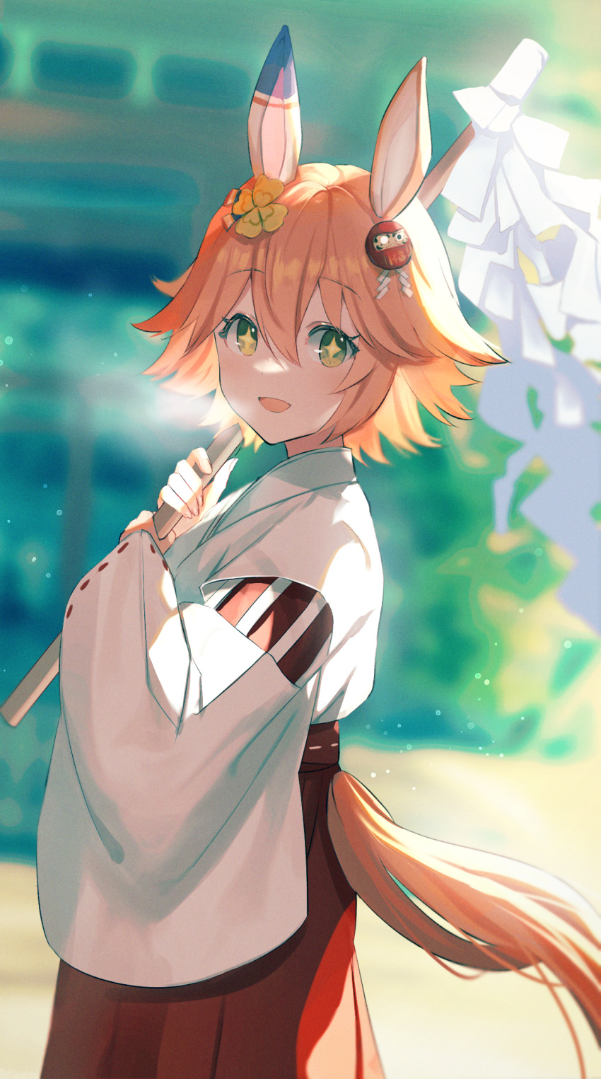 1girl animal_ears commentary_request dolce_(dolsuke) eyebrows_visible_through_hair gohei green_eyes hair_ornament highres holding horse_ears horse_girl horse_tail japanese_clothes light_smile long_sleeves looking_at_viewer matikanefukukitaru_(umamusume) miko open_mouth orange_hair short_hair smile solo sparkling_eyes tail umamusume