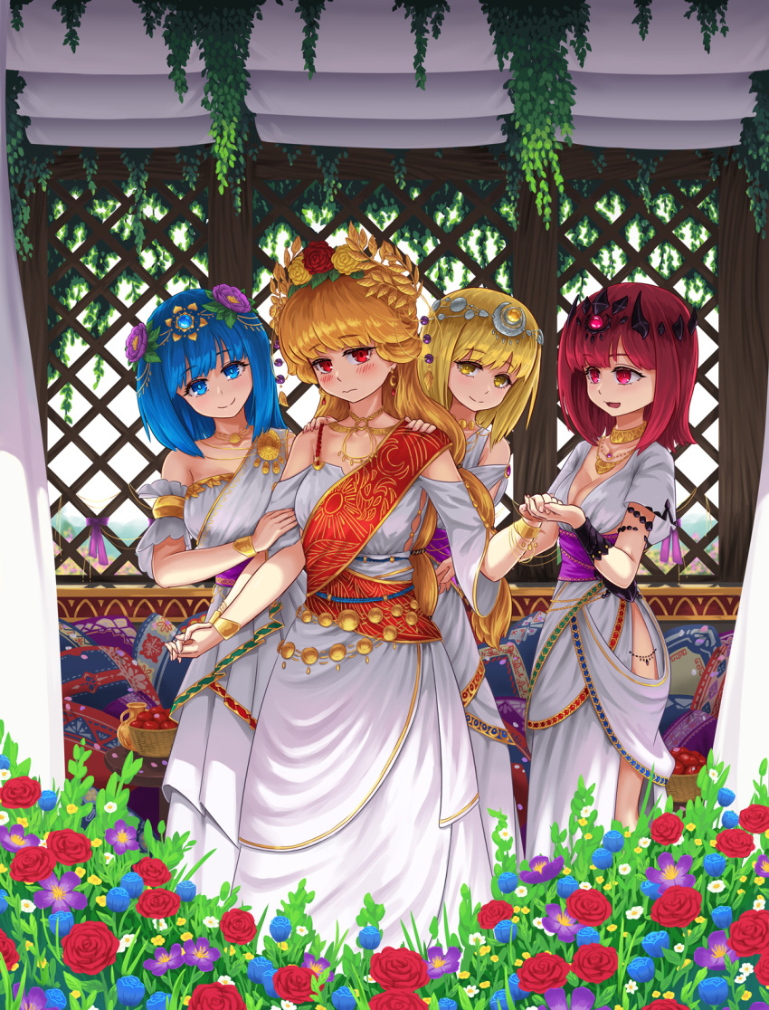 4girls alternate_costume alternate_hairstyle apple bare_shoulders basket blonde_hair blue_eyes blue_flower blue_hair blush bracelet breasts dress earrings embarrassed eyebrows_visible_through_hair eyelashes flower food fruit greek_clothes hand_on_shoulder happy headpiece hecatia_lapislazuli hecatia_lapislazuli_(earth) hecatia_lapislazuli_(moon) highres holding_hands jewelry junko_(touhou) laurel_crown looking_at_viewer multiple_girls neck necklace okema petals pillow plant red_eyes red_flower red_rose redhead rose single_bare_shoulder sky smile table touhou vegetation vines white_dress yellow_eyes yellow_flower