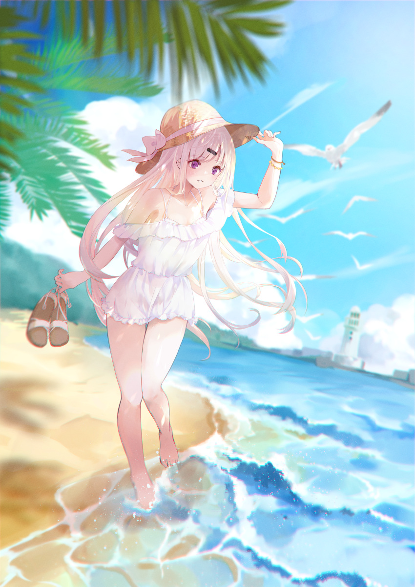 1girl absurdres bangs barefoot beach bikini bikini_under_clothes bird blurry blurry_background blurry_foreground bow bracelet collarbone commission dress eyebrows_visible_through_hair floating_hair hair_ornament hairclip hat hat_bow hat_ribbon highres holding jewelry lighthouse long_hair looking_down morikome_(moririce) off-shoulder_dress off_shoulder original ribbon silver_hair skeb_commission soaking_feet solo straw_hat summer sun_hat sundress swimsuit very_long_hair violet_eyes white_bikini white_bow white_dress white_ribbon