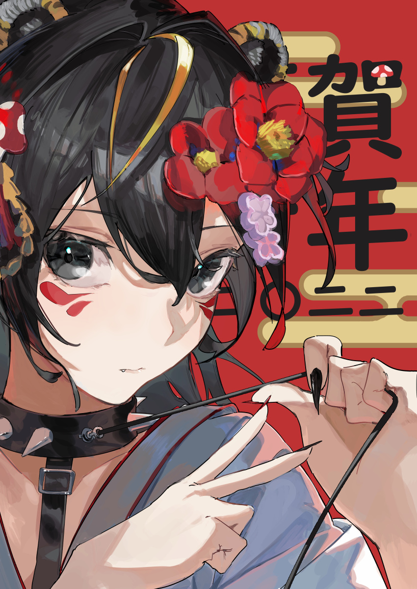 1girl absurdres animal_ears black_eyes black_hair black_nails camellia chinese_zodiac closed_mouth collar collarbone commentary_request facial_mark fang flower hair_flower hair_ornament hands_up highres kanji karasuro leash long_hair looking_at_viewer original red_background red_flower simple_background solo tiger_ears translation_request upper_body year_of_the_tiger