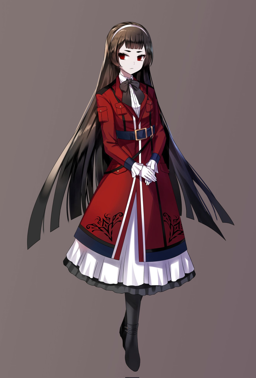 1girl bangs belt black_bow black_bowtie black_footwear boots bow bowtie brown_background brown_hair closed_mouth coat csilj63cw8irumy dress full_body gloves headband highres long_hair long_sleeves looking_at_viewer original red_coat red_eyes simple_background solo thigh-highs thigh_boots white_dress white_gloves