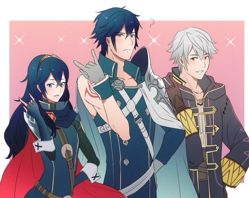 1girl 2boys ? ameno_(a_meno0) asymmetrical_clothes blue_eyes blue_hair brown_eyes cape chrom_(fire_emblem) coat fingerless_gloves fire_emblem fire_emblem_awakening gesture gloves grey_hair grin long_hair long_sleeves looking_at_viewer lucina_(fire_emblem) multiple_boys open_mouth pink_background pose robin_(fire_emblem) robin_(fire_emblem)_(male) short_hair smile symbol-shaped_pupils tiara very_short_hair