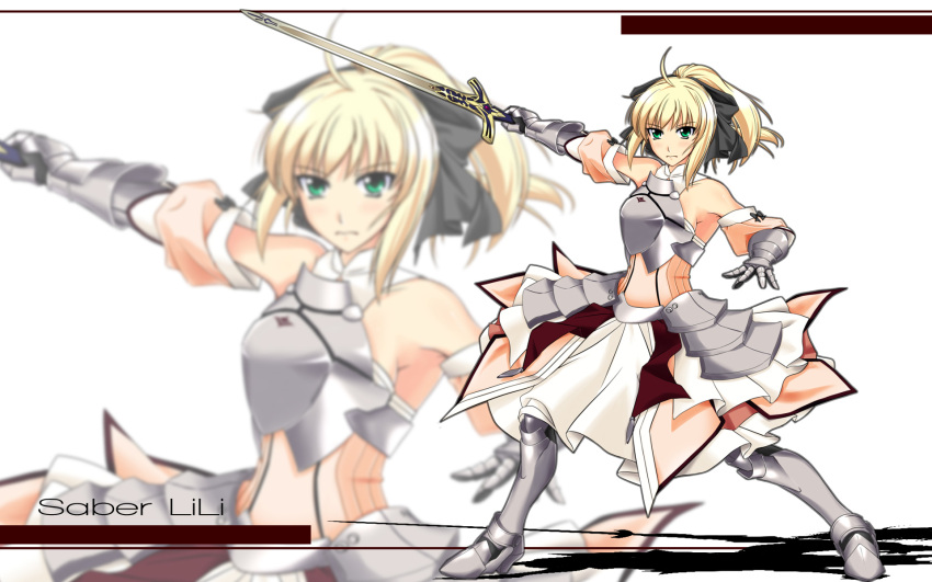 1girl armor armored_dress artoria_pendragon_(all) black_bow blonde_hair blue_sky bow breastplate clouds day dress excalibur eyebrows_visible_through_hair fate/grand_order fate/unlimited_codes fate_(series) faulds floating_hair gauntlets green_eyes hair_between_eyes hair_bow hands_on_hilt highres long_hair looking_at_viewer merufena outdoors petals ponytail saber_lily signature sky sleeveless sleeveless_dress smile solo standing white_dress