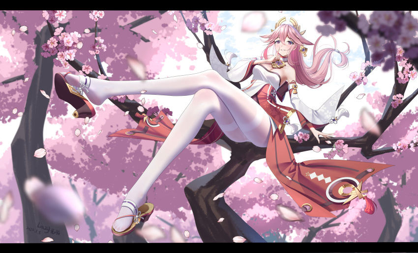 1girl animal_ears arm_up bangs bare_shoulders blush breasts cherry_blossoms detached_sleeves earrings falling_petals floral_print fox_ears genshin_impact hair_ornament headgear highres in_tree index_finger_raised japanese_clothes jewelry kimono large_breasts lazy_guang_guang legs letterboxed long_hair long_legs looking_at_viewer miko necklace pantyhose pendant petals pink_hair priestess print_sleeves red_skirt sandals shoe_dangle sidelocks sitting sitting_in_tree skirt sleeveless sleeveless_kimono smile solo thighband_pantyhose thighs toes tree very_long_hair violet_eyes white_kimono white_legwear wide_sleeves yae_(genshin_impact)