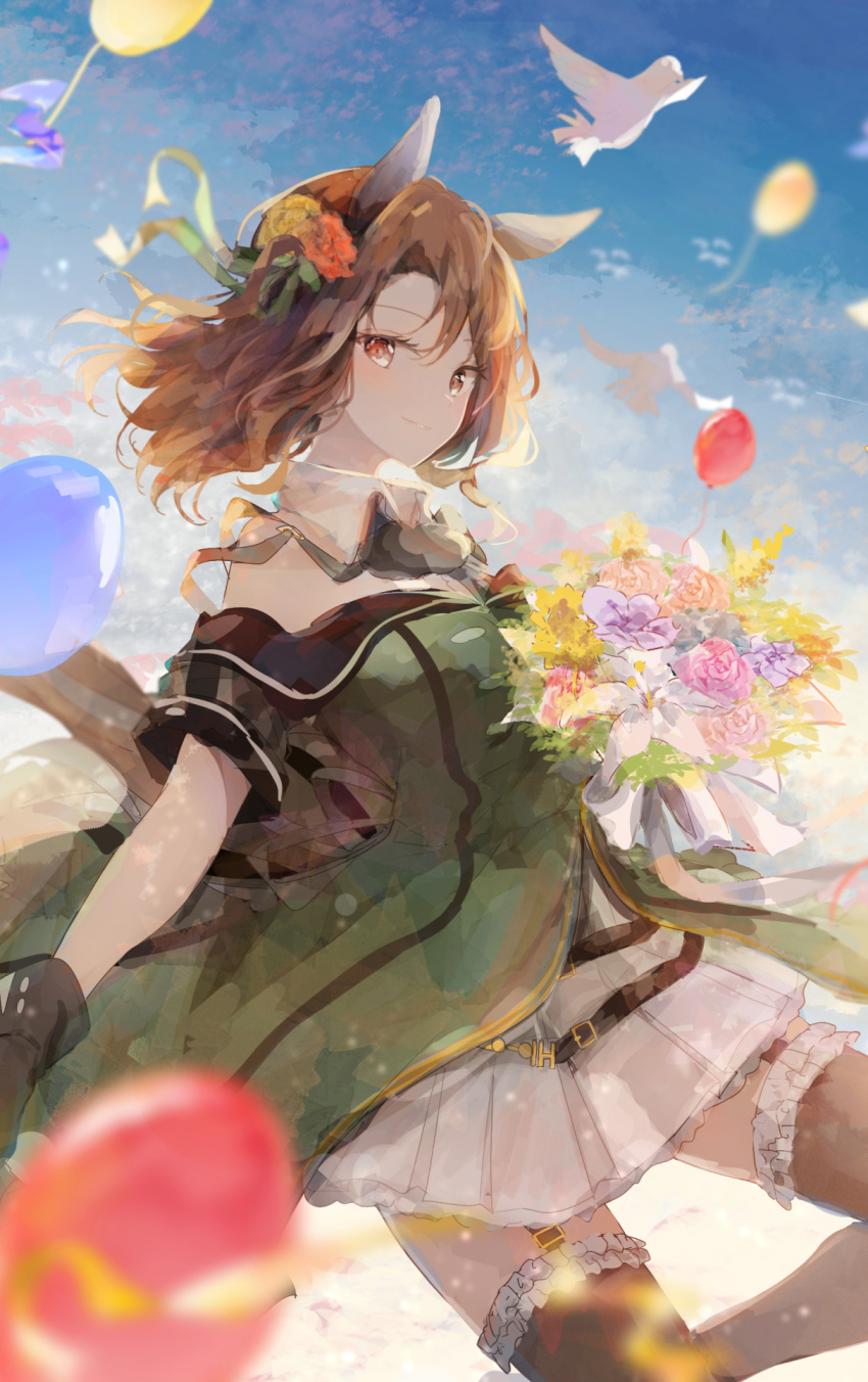 1girl animal_ears balloon bare_shoulders bird black_gloves bouquet bow brown_eyes brown_hair collared_shirt dove dress ear_covers feet_out_of_frame floating_hair flower frilled_legwear garter_straps gloves hair_bow hair_flower hair_ornament highres holding holding_bouquet horse_ears horse_girl king_halo_(umamusume) medium_hair ninjin_nouka shirt short_sleeves solo thigh-highs umamusume