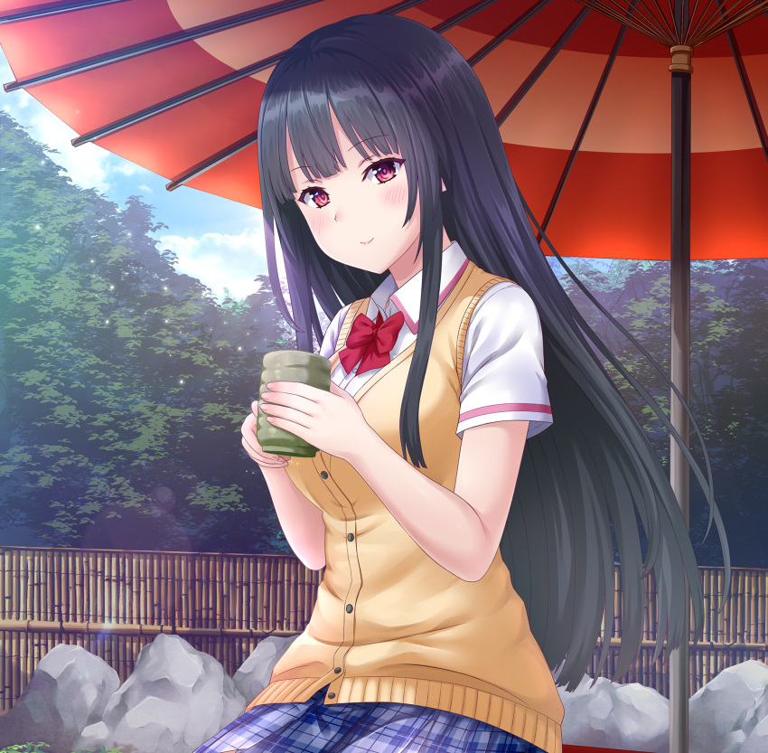 1girl bangs black_hair blue_skirt blunt_bangs blush bow bowtie breasts closed_mouth collared_shirt dress_shirt eyebrows_visible_through_hair highres holding long_hair medium_breasts nekonyan outdoors parasol plaid plaid_skirt prekano red_bow red_bowtie red_eyes school_uniform shiny shiny_hair shirt short_sleeves sitting skirt smile solo straight_hair sweater sweater_vest umbrella very_long_hair white_shirt wing_collar yellow_sweater