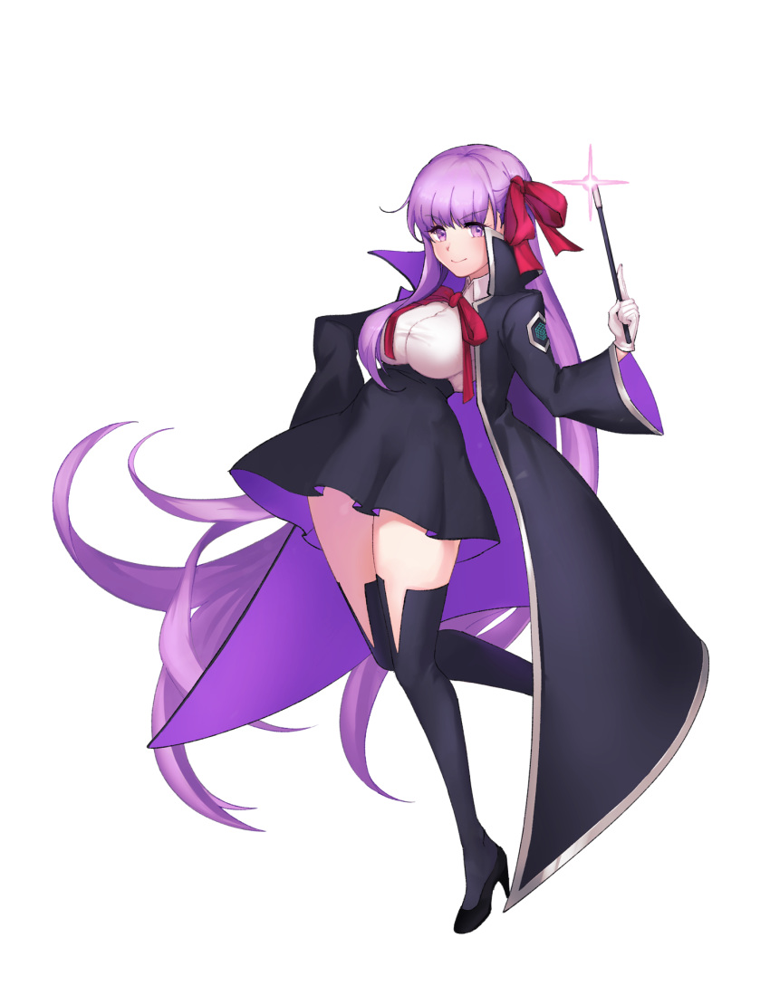1girl bangs bb_(fate)_(all) bb_(fate/extra_ccc) black_coat black_skirt breasts coat fate/extra fate/extra_ccc fate/grand_order fate_(series) gloves hair_ribbon high-waist_skirt highres holding holding_wand large_breasts leotard long_hair long_sleeves looking_at_viewer neck_ribbon open_clothes open_coat popped_collar purple_eyes purple_hair red_ribbon ribbon skirt smile very_long_hair wand white_gloves white_leotard wide_sleeves zziaaa